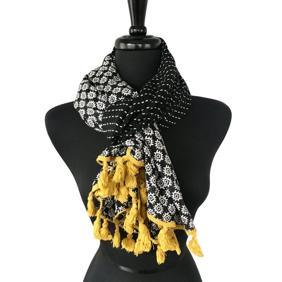 Black White Geometric Striped Yellow Tasseled Wide Long Scarf Wrap Cover Up - Picture 2 of 16